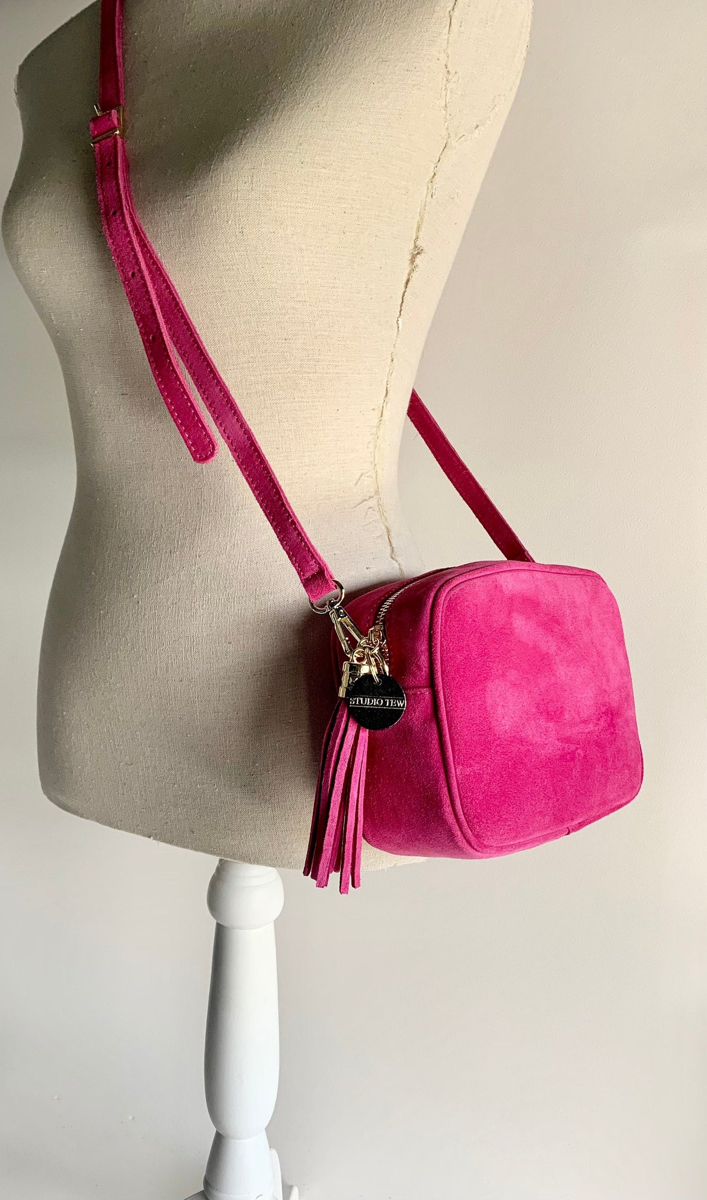 Fuchsia Suede Crossbody Bag With Tassel - Jean STUDIO TEW