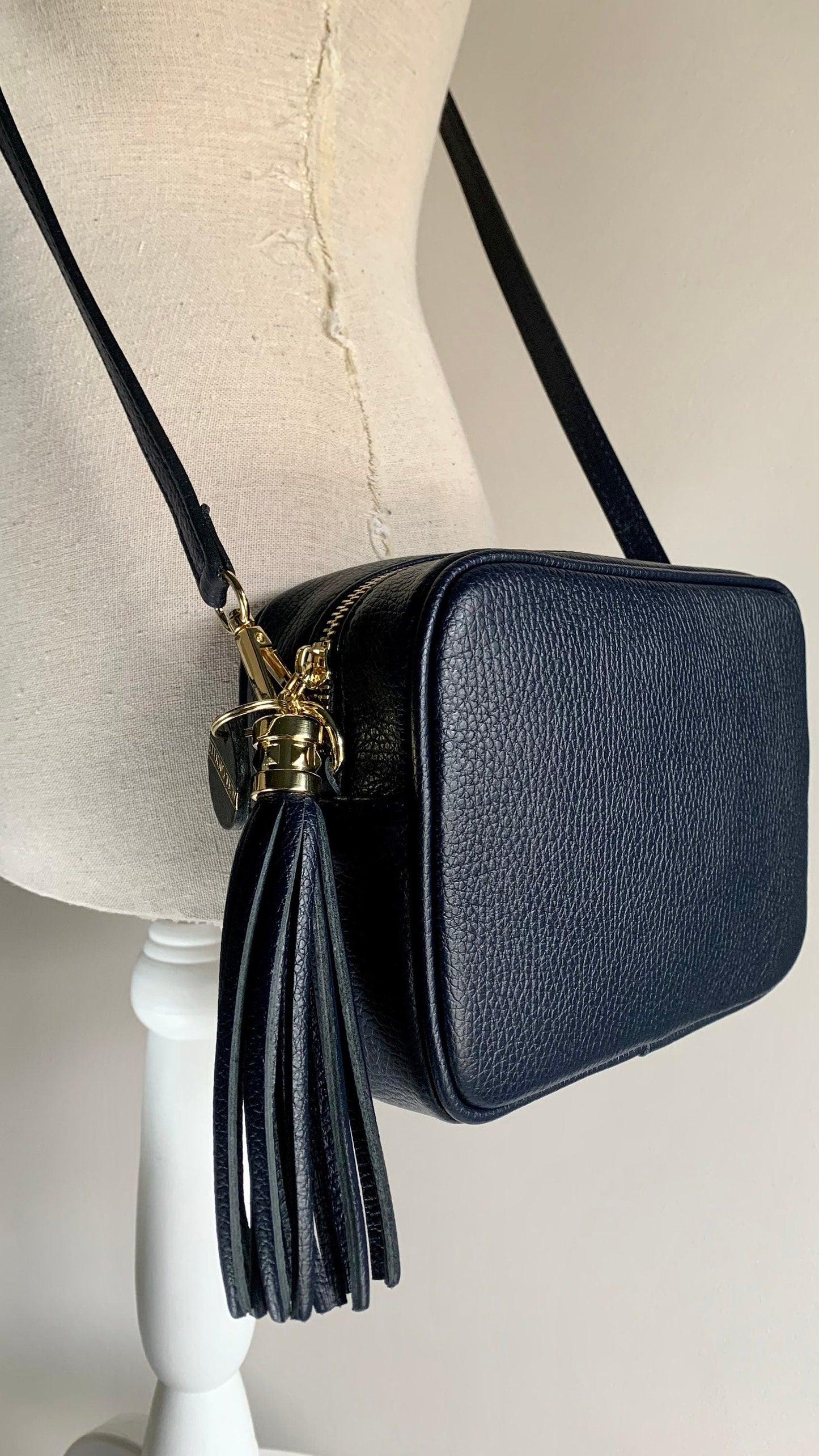 Navy Leather Crossbody Bag With Tassel - Darcy STUDIO TEW