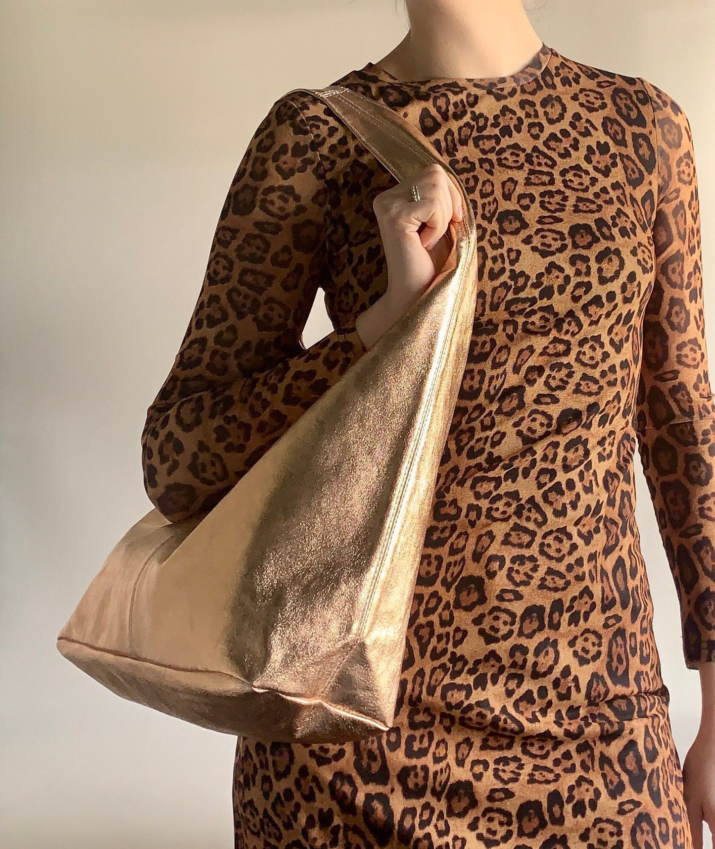 Metallic Leather Oversized Boho Shoulder Bag - Evalyn STUDIO TEW
