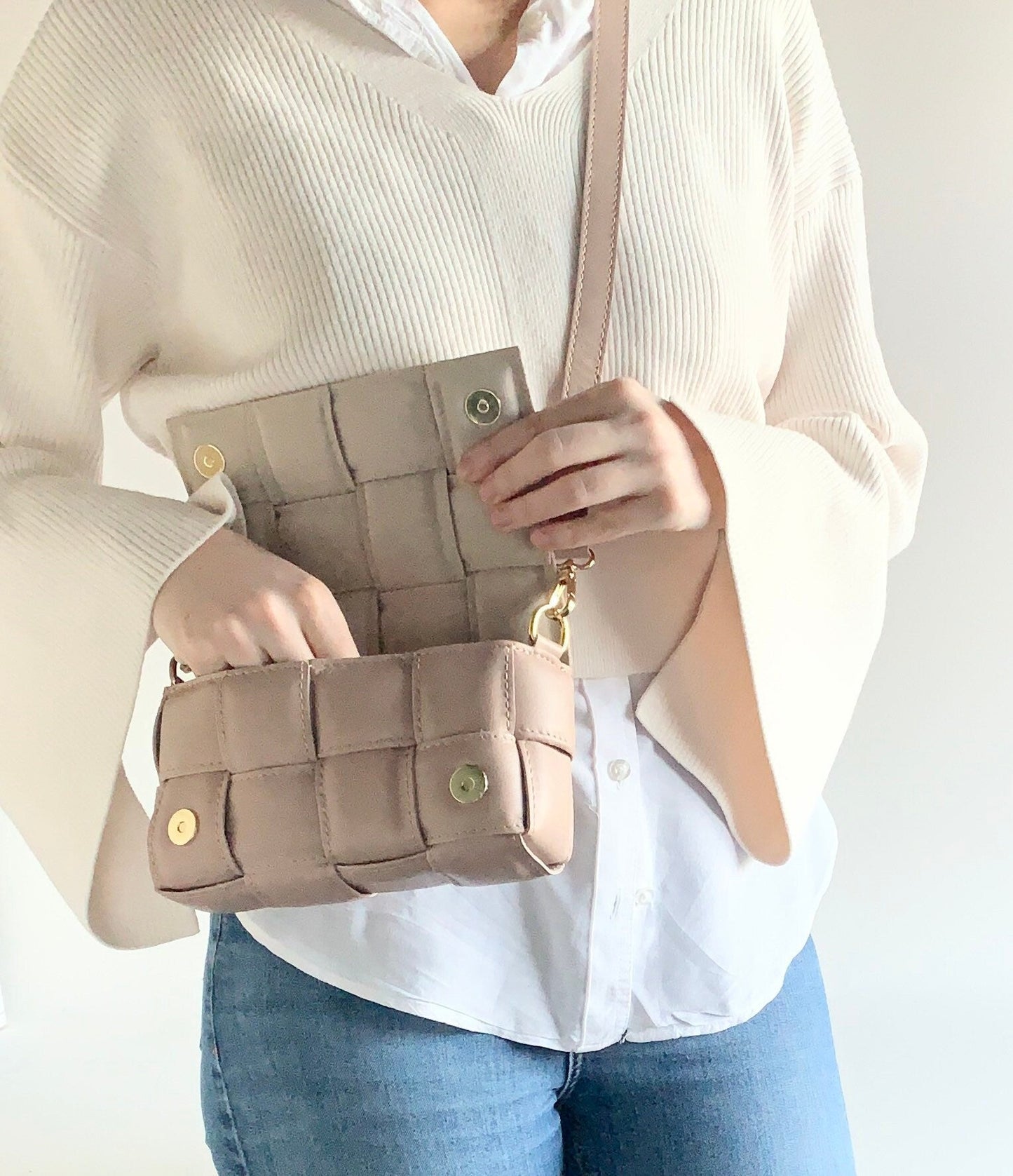 Pale Pink Leather Weaved Bag - London STUDIO TEW