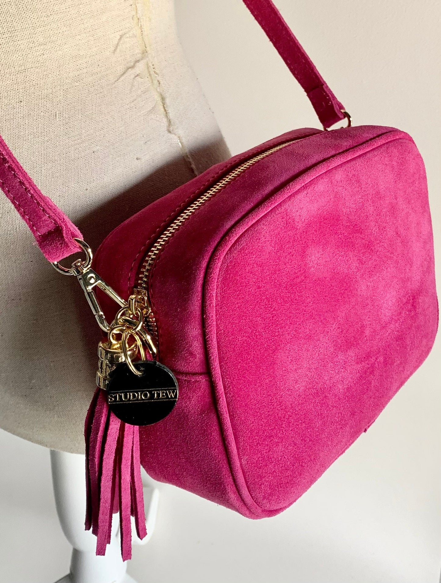 Fuchsia Suede Crossbody Bag With Tassel - Jean STUDIO TEW