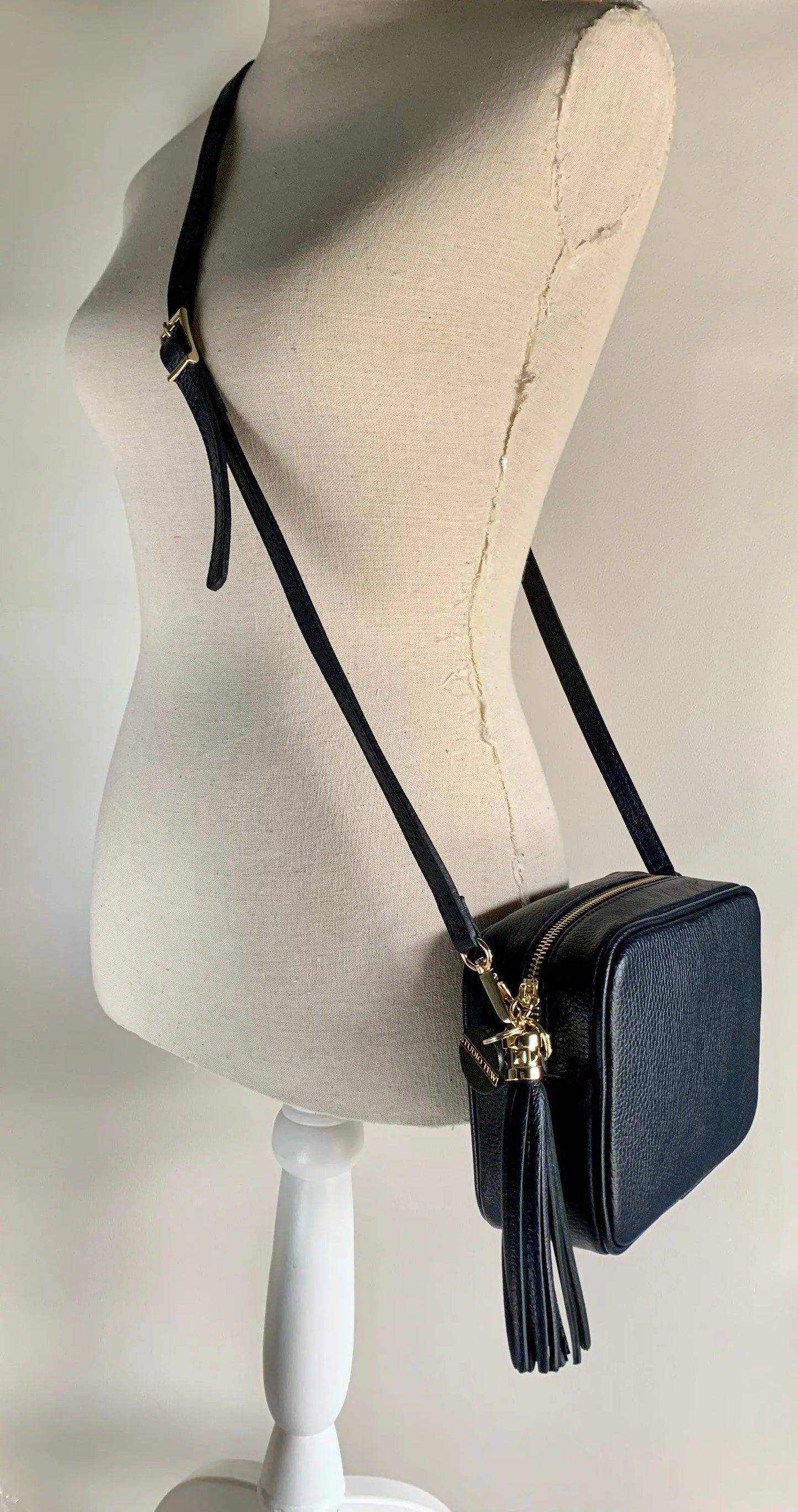Navy Leather Crossbody Bag With Tassel - Darcy STUDIO TEW