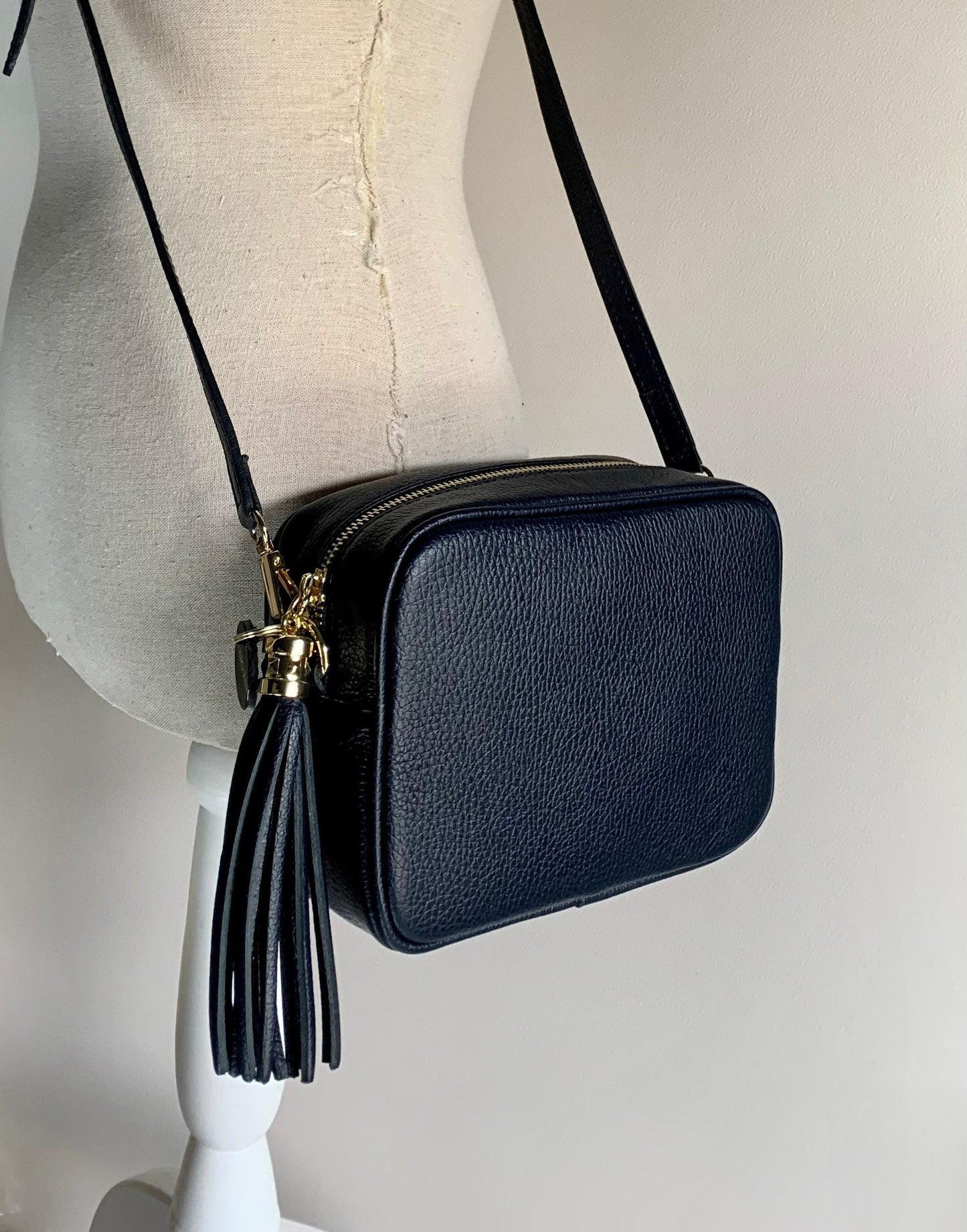 Navy Leather Crossbody Bag With Tassel - Darcy STUDIO TEW