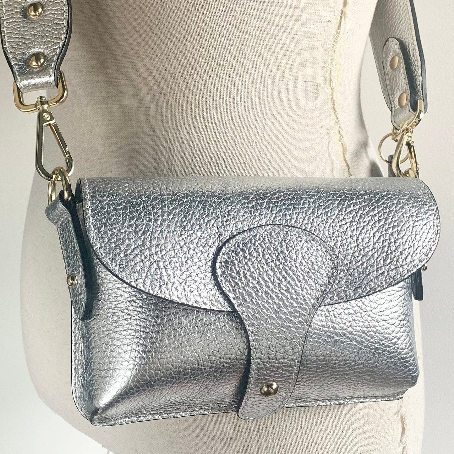 Silver Leather Compact Crossbody Bag - Vogue STUDIO TEW