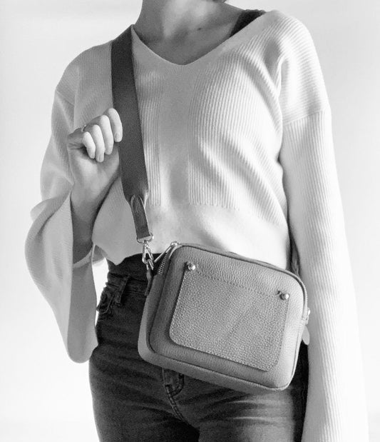 Light Grey Leather Double Zip Bag - Victoria STUDIO TEW