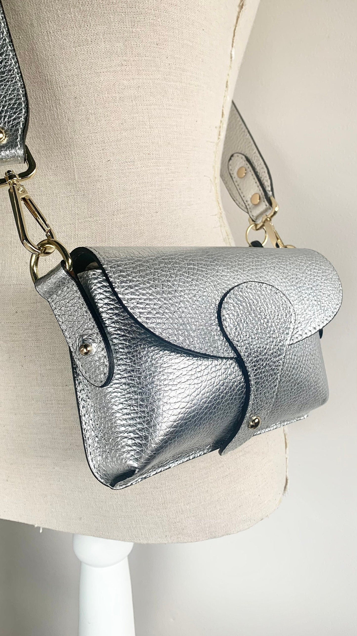Silver Leather Compact Crossbody Bag - Vogue STUDIO TEW