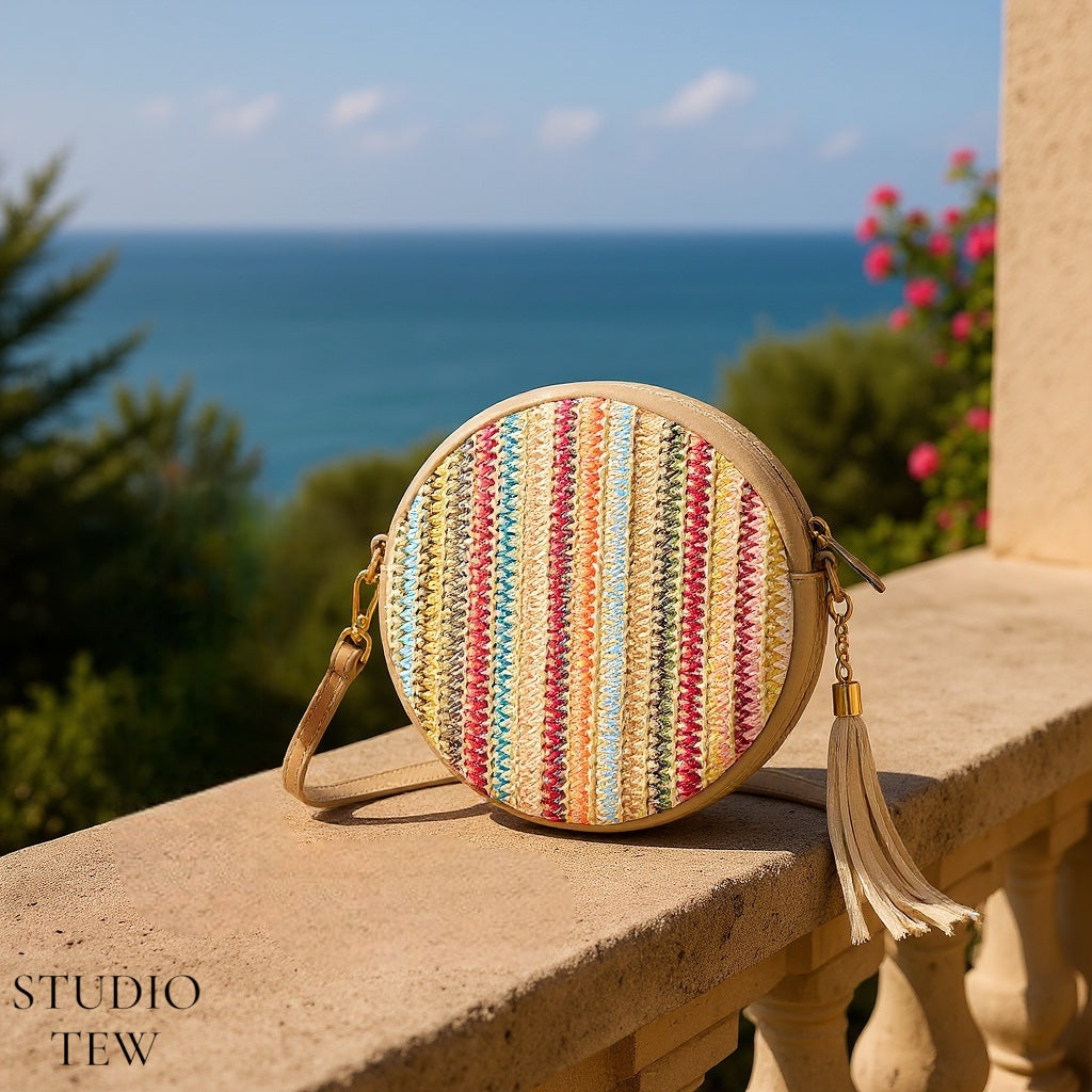 Taupe Leather & Raffia Bag - Bondi