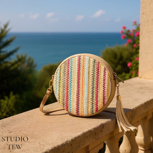 Taupe Leather & Raffia Bag - Bondi