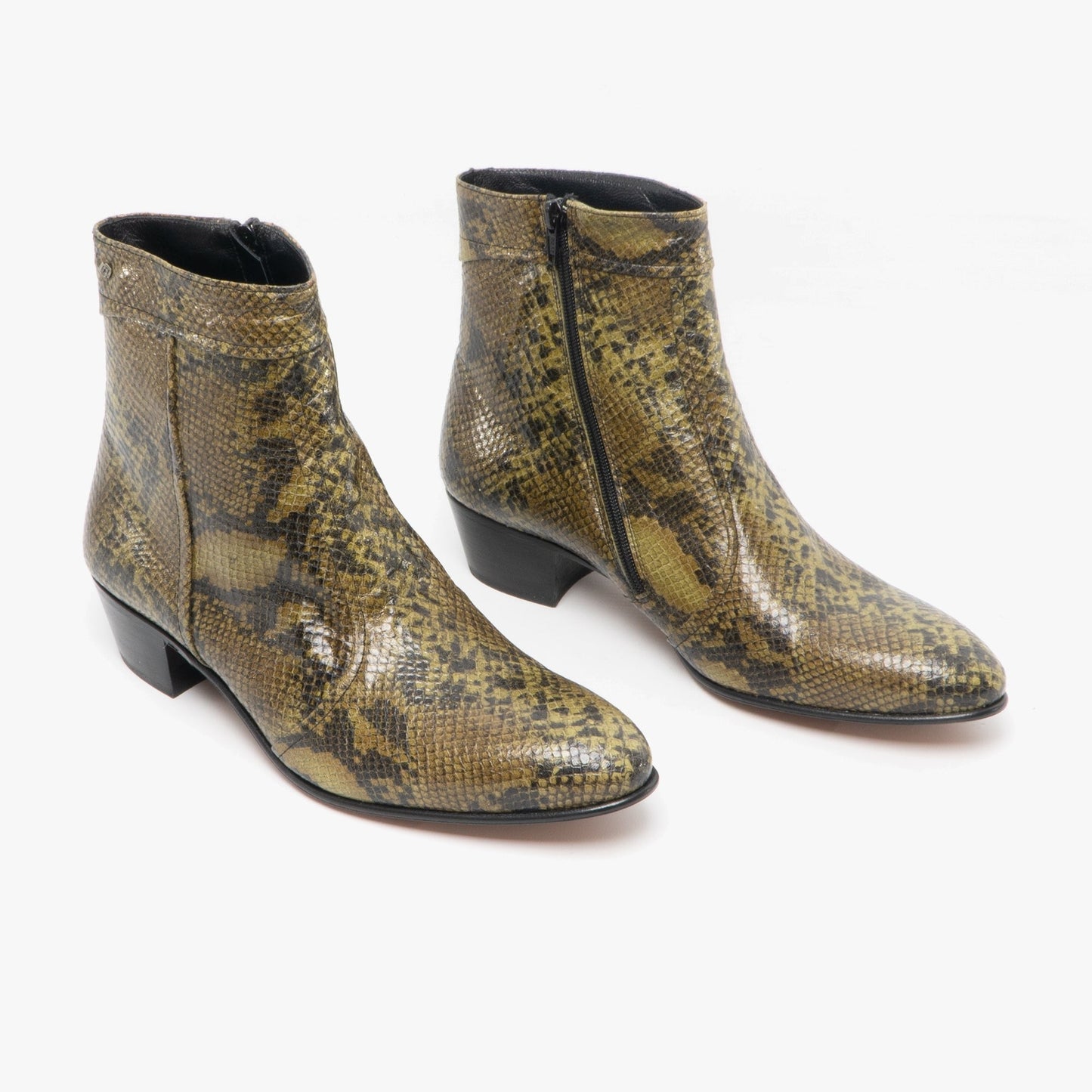 Club Cubano EMMANUEL Mens Snakeprint Leather Cuban Heel Boots Musgo