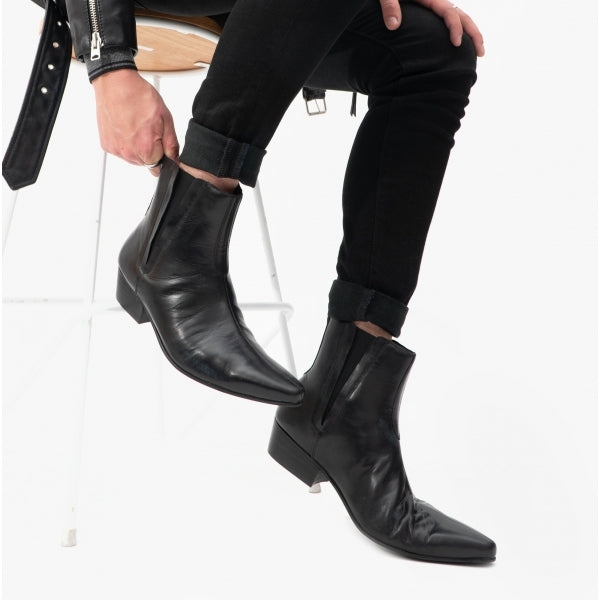 Club Cubano BRUNO Mens Leather Cuban Heel Pointed Boots Black