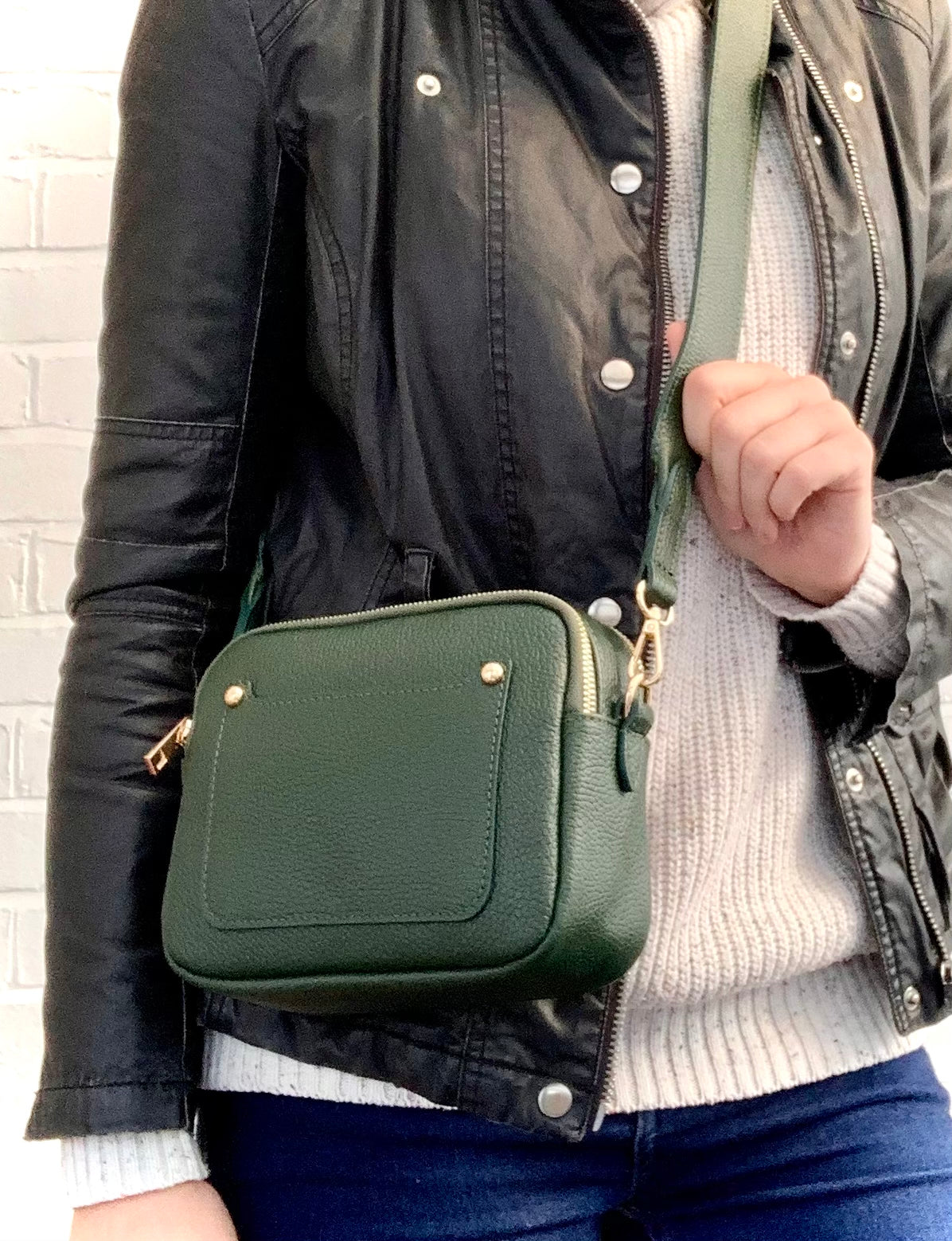 Dunkelgrüne Ledertasche mit doppeltem Reißverschluss – Victoria