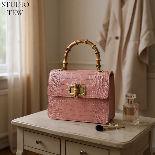 Pink Leather Crocodile Print Bag With Twist Lock - Genevieve