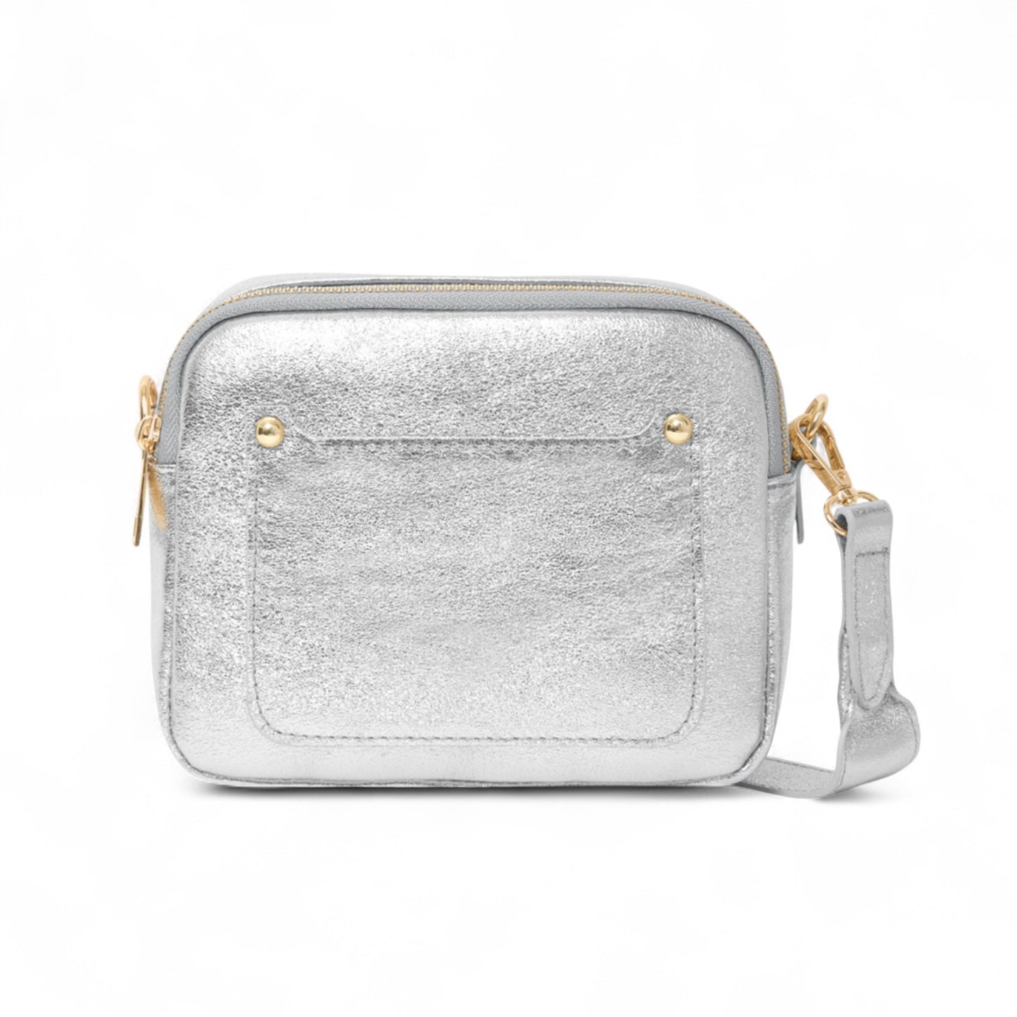 Silberne Ledertasche mit doppeltem Reißverschluss – Victoria