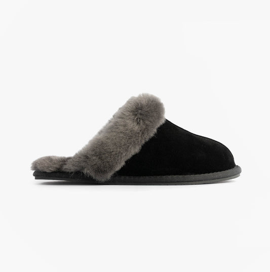 HOS Sheepskin AYLA Womens Real Sheepskin Mule Slippers Black