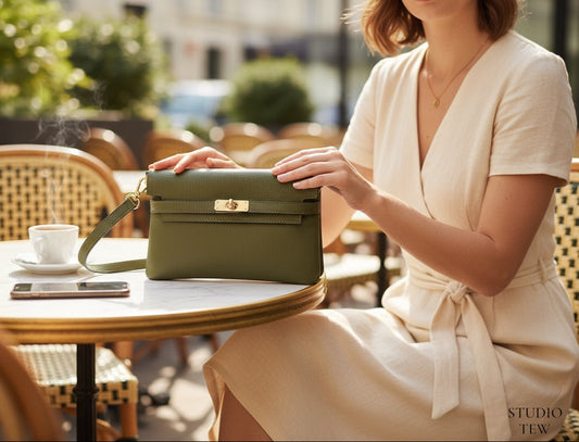 Olive Green Leather Bag with Twist Lock - Pippa