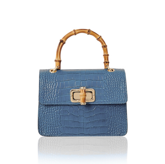 Blue Leather Crocodile Print Bag With Twist Lock - Genevieve
