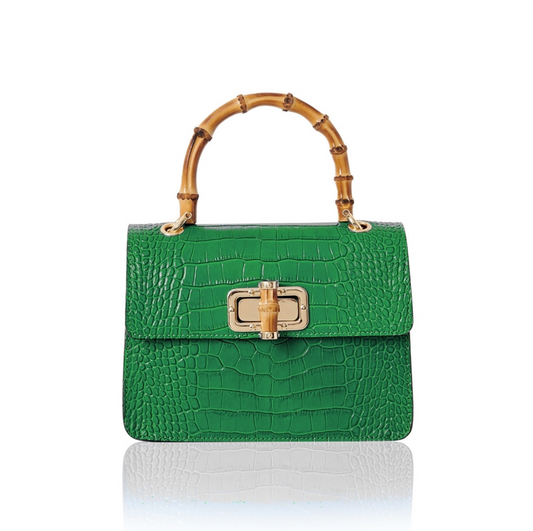 Green Leather Crocodile Print Bag With Twist Lock - Genevieve
