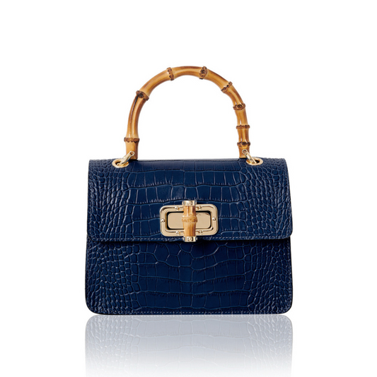 Navy Leather Crocodile Print Bag With Twist Lock - Genevieve