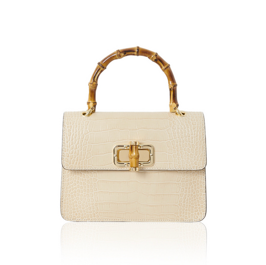 Cream Leather Crocodile Print Bag With Twist Lock - Genevieve