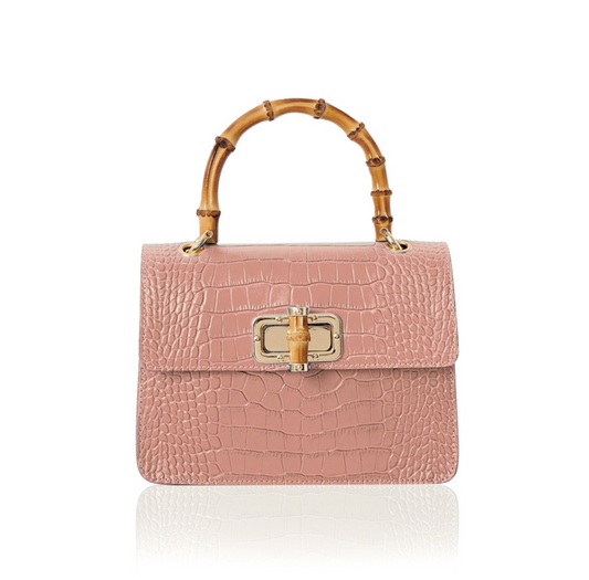 Pink Leather Crocodile Print Bag With Twist Lock - Genevieve