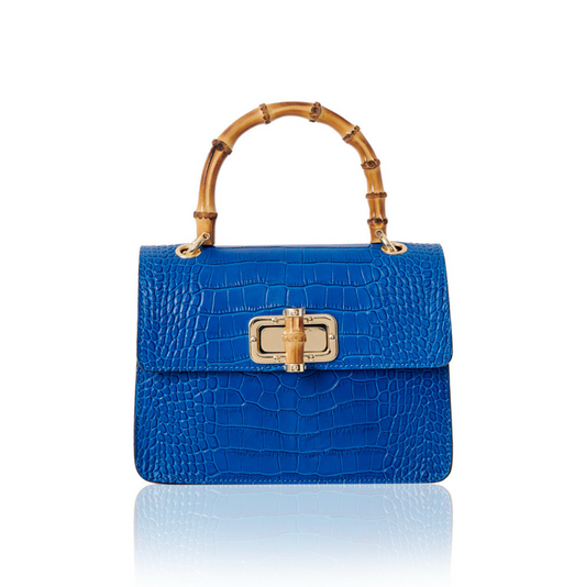 Royal Blue Leather Crocodile Print Bag With Twist Lock - Genevieve