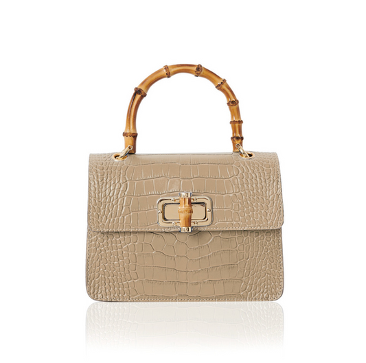 Taupe Leather Crocodile Print Bag With Twist Lock - Genevieve