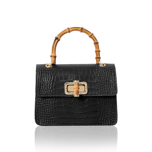Black Leather Crocodile Print Bag With Twist Lock - Genevieve