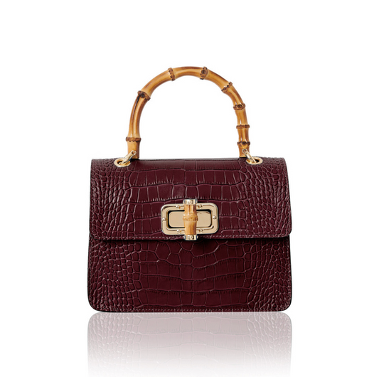 Burgundy Leather Crocodile Print Bag With Twist Lock - Genevieve