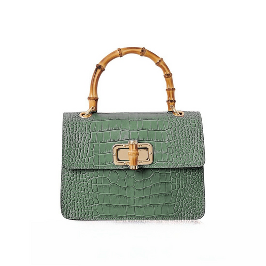 Pale Green Leather Crocodile Print Bag With Twist Lock - Genevieve
