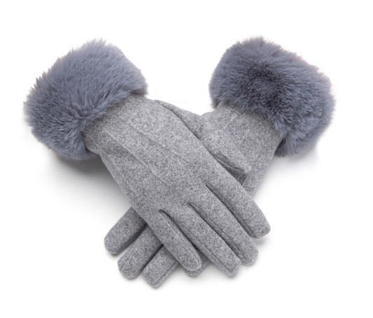 Grey Gloves With Faux Fur Trim