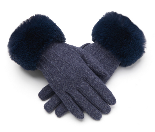 Navy Gloves With Faux Fur Trim
