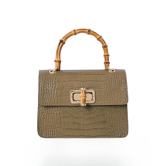 Dark Taupe Leather Crocodile Print Bag With Twist Lock - Genevieve