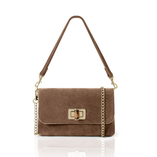 Light Chocolate Twist Lock Suede Evening Bag - Camilla