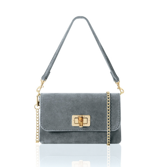 Warm Grey Twist Lock Suede Evening Bag - Camilla