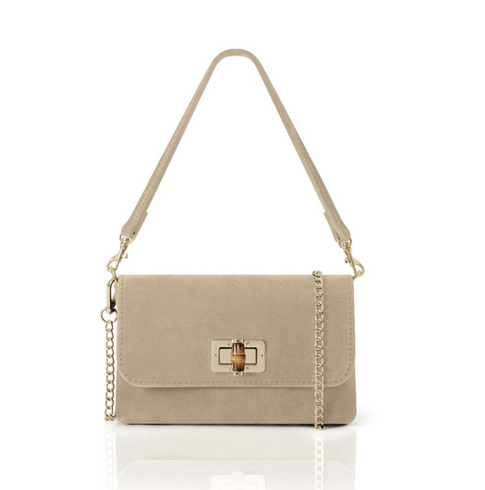 Light Taupe Twist Lock Suede Evening Bag - Camilla