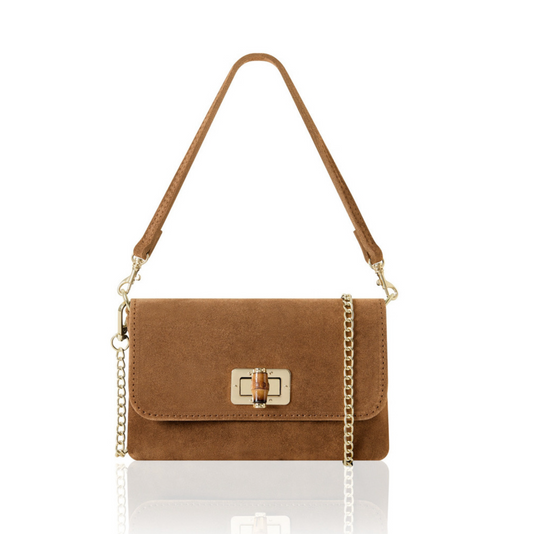 Autumn Tan Twist Lock Suede Evening Bag - Camilla
