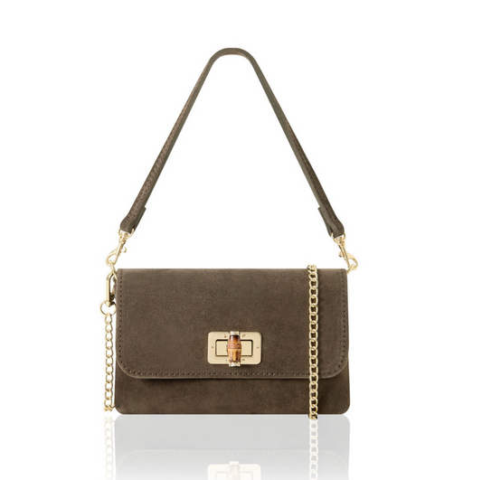 Dark Taupe Twist Lock Suede Evening Bag - Camilla