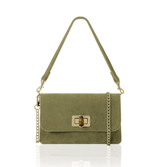 Olive Green Twist Lock Suede Evening Bag - Camilla