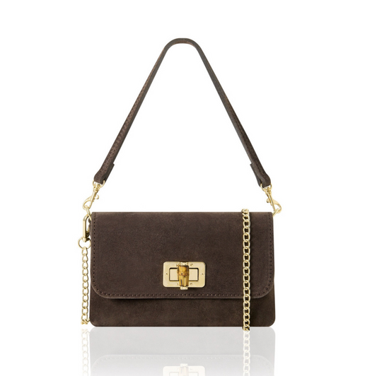 Dark Chocolate Twist Lock Suede Evening Bag - Camilla