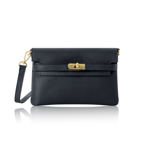 Navy Leather Bag with Twist Lock - Pippa