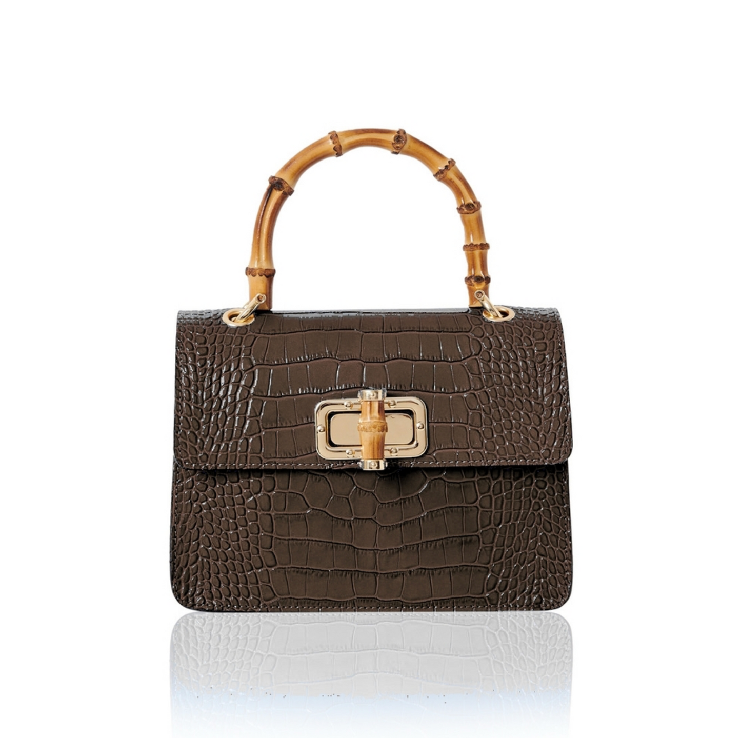 Dark Brown Leather Crocodile Print Bag With Twist Lock - Genevieve