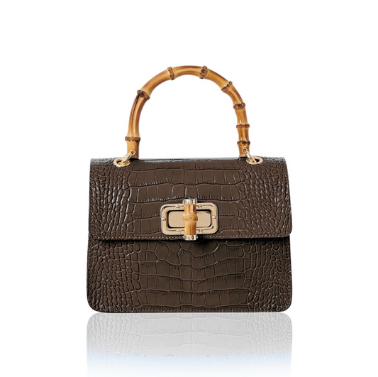 Dark Brown Leather Crocodile Print Bag With Twist Lock - Genevieve