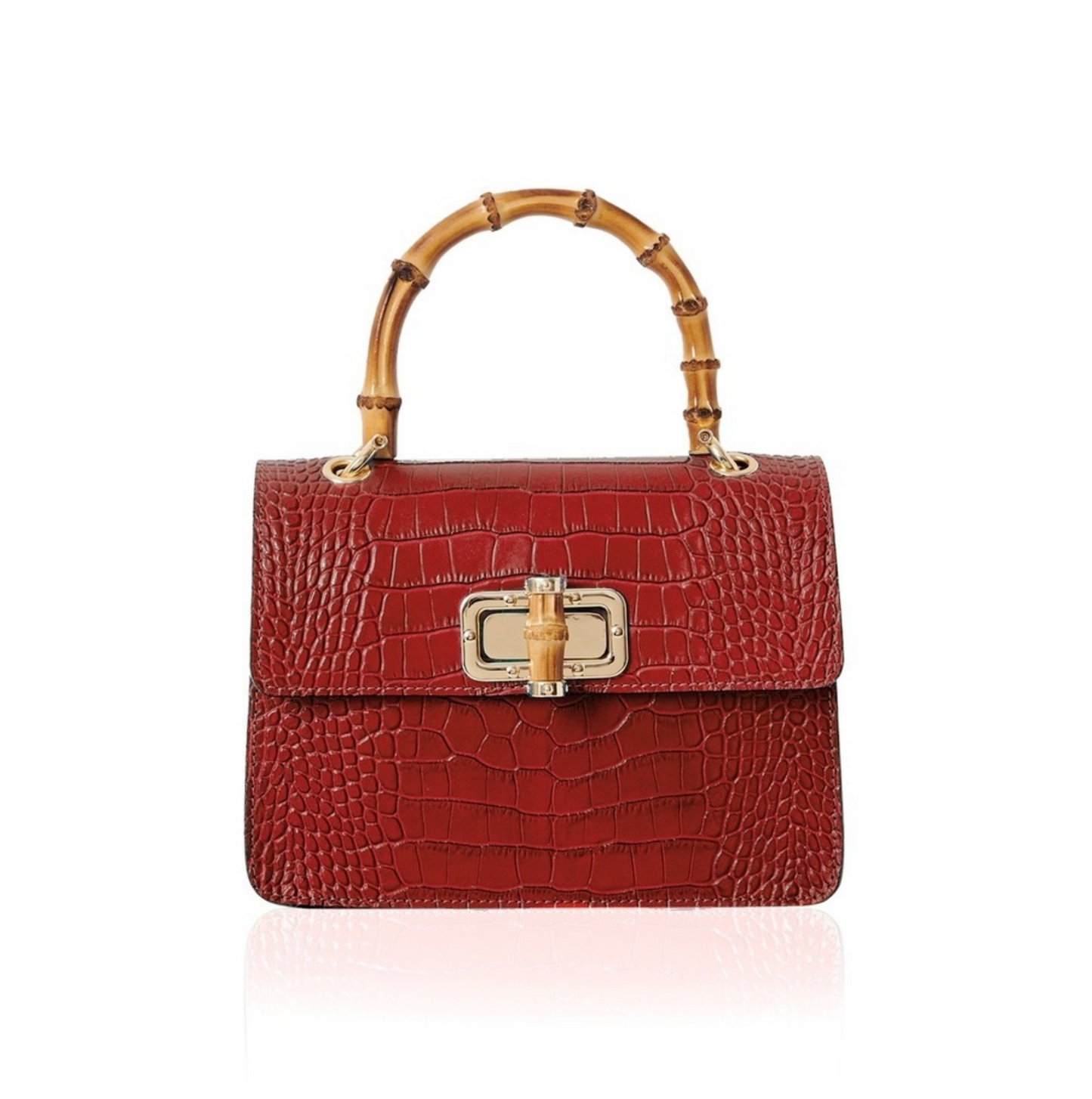 Dark Red Leather Crocodile Print Bag With Twist Lock - Genevieve