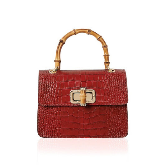 Dark Red Leather Crocodile Print Bag With Twist Lock - Genevieve