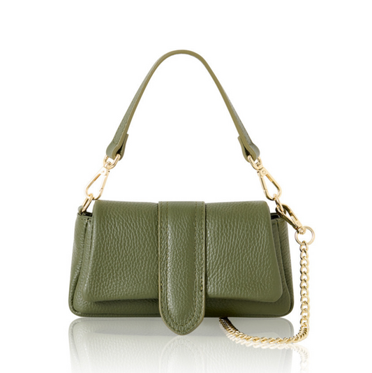 Olive Green Leather Occasion Bag With Chain Handle - Hilda