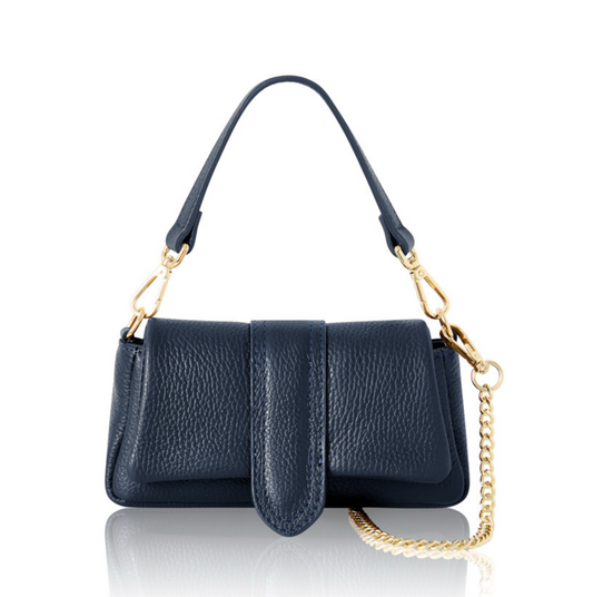 Navy Leather Occasion Bag With Chain Handle - Hilda