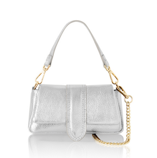 Silver Leather Occasion Bag With Chain Handle - Hilda