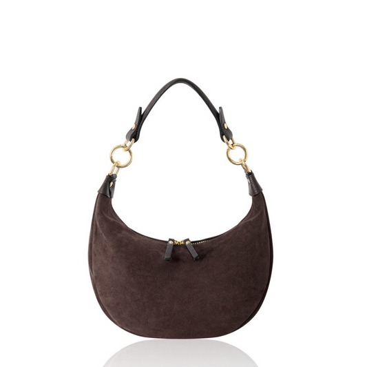 Dark Brown Suede Crescent Shaped Hobo Bag - Valerie