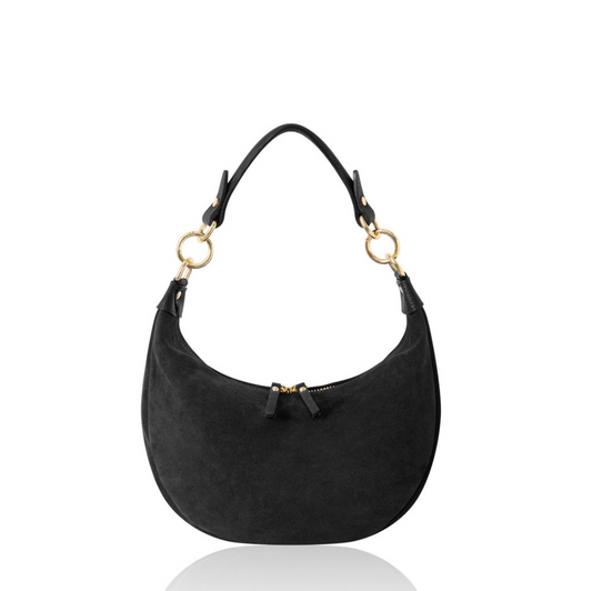 Black Suede Crescent Shaped Hobo Bag - Valerie