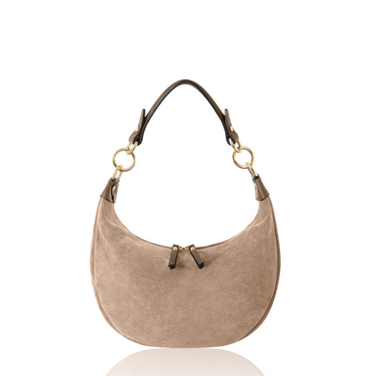 Taupe Suede Crescent Shaped Hobo Bag - Valerie